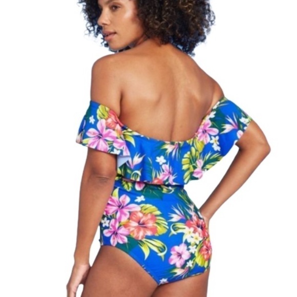 Kona Sol Blue Off the Shoulder High Coverage Hawaiian Print One Piece | Size 24W - Picture 2 of 4